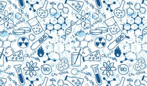 Pastel blue pattern on the scientific theme of chemistry with miniatures