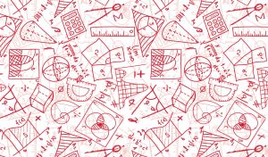 Pastel red pattern on the scientific theme of geometry with miniatures