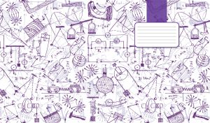 Pastel purple pattern on the scientific theme of physics with miniatures