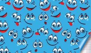 Seamless smiley face pattern on blue with a folded corner