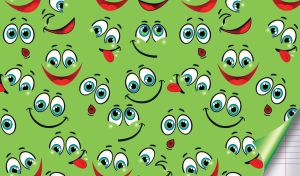 Seamless smiley face pattern on green with a folded corner