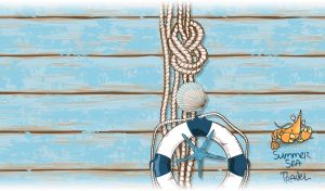 Illustration of a lobster and life ring on pastel blue weathered boardwalk
