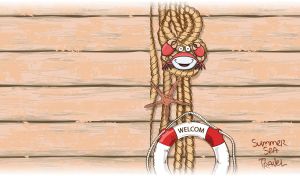 Illustration of a crab and life ring on a tan weathered boardwalk