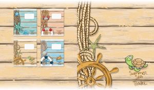 Illustration of a sea turtle and helm on a beige weathered boardwalk