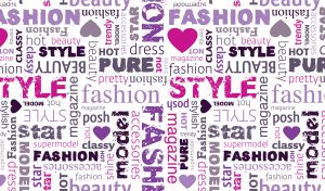 Fashion and style seamless tag cloud pattern in purple and grey shades on white