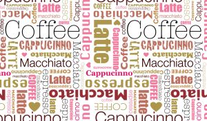 Coffee seamless tag cloud pattern in olive, brown and pink shades on white