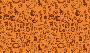 Brown coffee set seamless pattern against an orange backdrop
