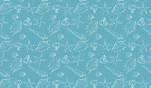 Abstract seamless pattern with shells and starfish against a teal backdrop
