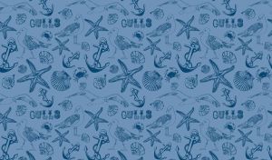 Abstract seamless pattern with gulls, anchors and shells against a blue backdrop