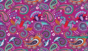 Seamless paisley turkish cucumber and floral patterns on a purple background
