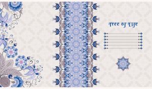 Blue floral mandala pattern on pastel beige and white backdrop