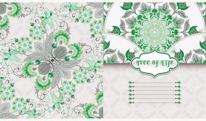 Green floral mandala pattern on pastel beige and white backdrop