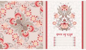 Pastel red floral mandala pattern on pastel beige and white backdrop