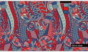 Vibrant ethnic Mehndi ornament in red, grey, teal and dark blue colors