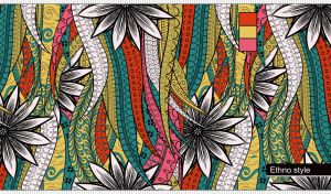 Floral ethnic style seamless pattern in white, red, teal and yellow colors