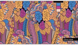Floral ethnic style seamless pattern in blue, purple, and ocher colors