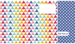 Seamless kids pattern with colorful triangles and polka dots on a navy side panel