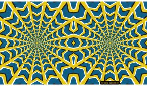 Optical illusion of stereo motion with olive spider web on a teal background