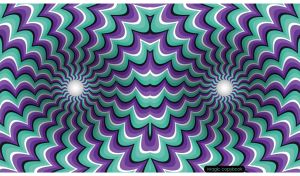 Optical illusion of stereo motion with purple wavy rays on a teal background