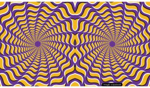 Optical illusion of stereo motion with ocher wavy segments on purple backdrop