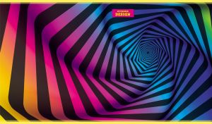 Hypnotic multicolor abstract design depicts a rainbow hexagonal tunnel