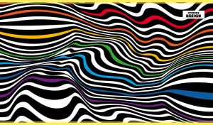 Hypnotic abstract design depicts black-and-white and rainbow wavy stripes