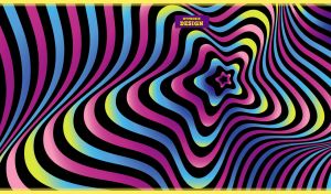 Hypnotic multicolor abstract design depicts a rainbow pentagonal star tunnel