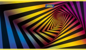 Hypnotic multicolor abstract design depicts a rainbow quadrangular tunnel