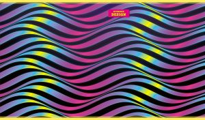 Hypnotic abstract design depicts rainbow neon wavy stripes