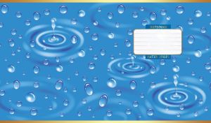 Realistic water droplets and ripples shimmer on a blue backdrop