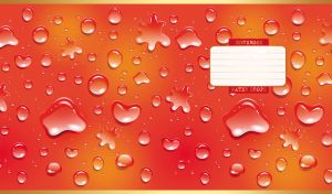 Realistic water droplets and splashes shimmer on an orange-red backdrop
