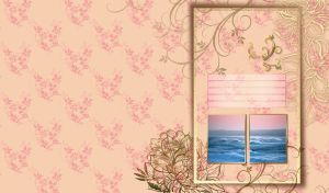 Two miniatures of storm sea waves on pink, golden and beige floral pattern