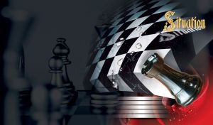 Metallic rook dropped out of the chessboard on petals of a rose