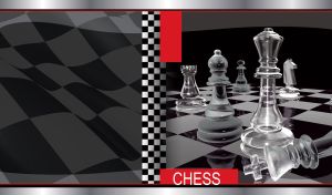 King's checkmate on a glossy chessboard with glass chess pieces on black