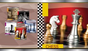 A silver king against a golden pawn on a red background with blurry chess pieces