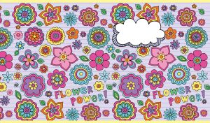 Seamless kids pattern with colorful set of Flower Power captions on pastel navy