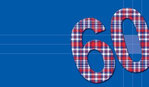 Red, white and dark blue patterned number sixty on a blue page