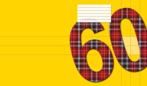 Red, black and white patterned number sixty on a yellow page