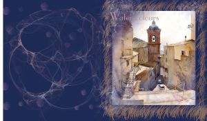 Watercolor, narrow street with couple of cars between old buildings with stairs