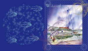 Watercolor, sailboats anchored in harbor and two red buoys under gloomy violet sky