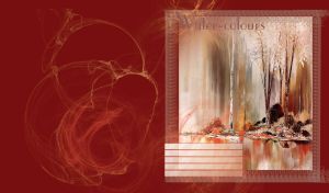 Watercolor, bright birch trees by water, with white leaves and vegetation in brown red