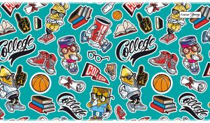 Pop art style collage of trendy college and sports themed stickers on teal
