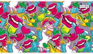 Pop art style collage of hearts, lips, and unicorns stickers on violet