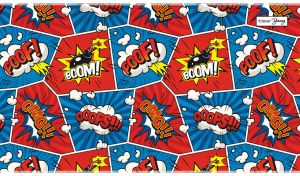 Pop art style collage of comic book style icons on red and blue