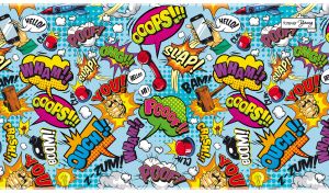 Pop art style collage of comic book style bubbles on light blue