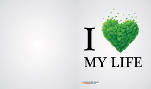 I Love My Life motto with green hearts on pastel white