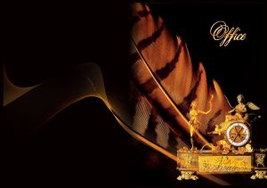 Vintage desk clock with big feather on a black background