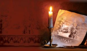 Winter white forest drawn on parchment in the candle light