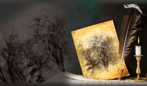 Lone leafless tree on a yellow parchment in the candle light