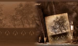 Trees in the snow on a tan parchment in the candle light